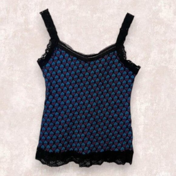 Brandy Melville Tops - Y2K Eyeshadow Black & Blue Heart Patterned Lace Tank Top Vintage Grunge Punk 90s